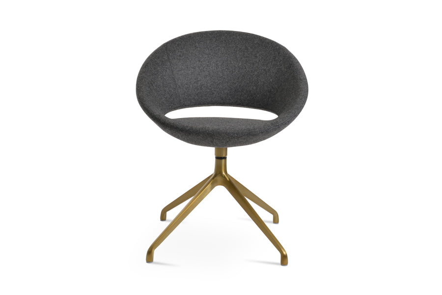 Crescent Spider Swivel Dining Chair by SohoConcept, showing front view of crescent spider swivel dining chair in aluminum brass/camira blazer dark grey wool/no casters.