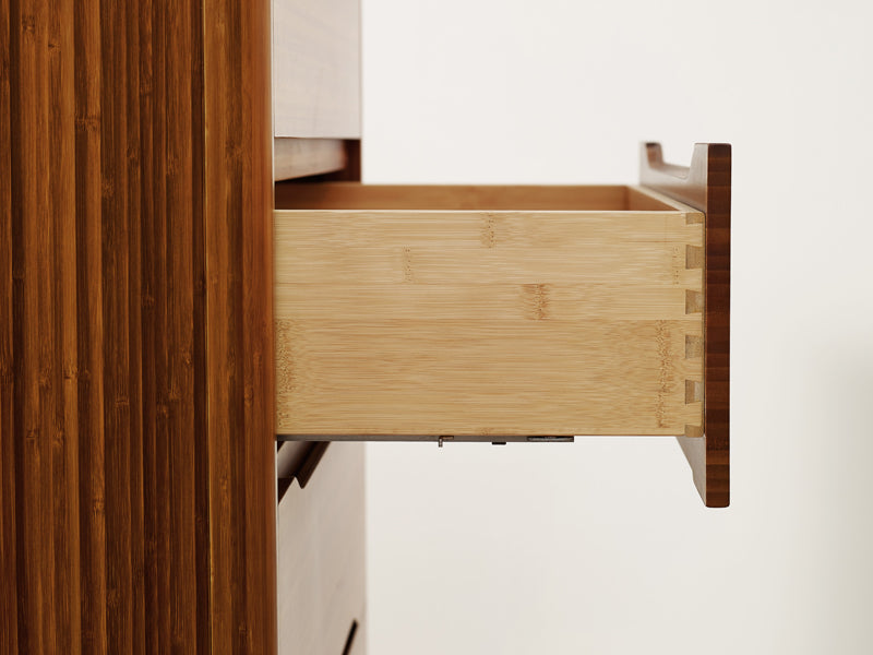 Currant Five Drawer Chest by Greenington, showing closeup view of currant five drawer chest in live shot.