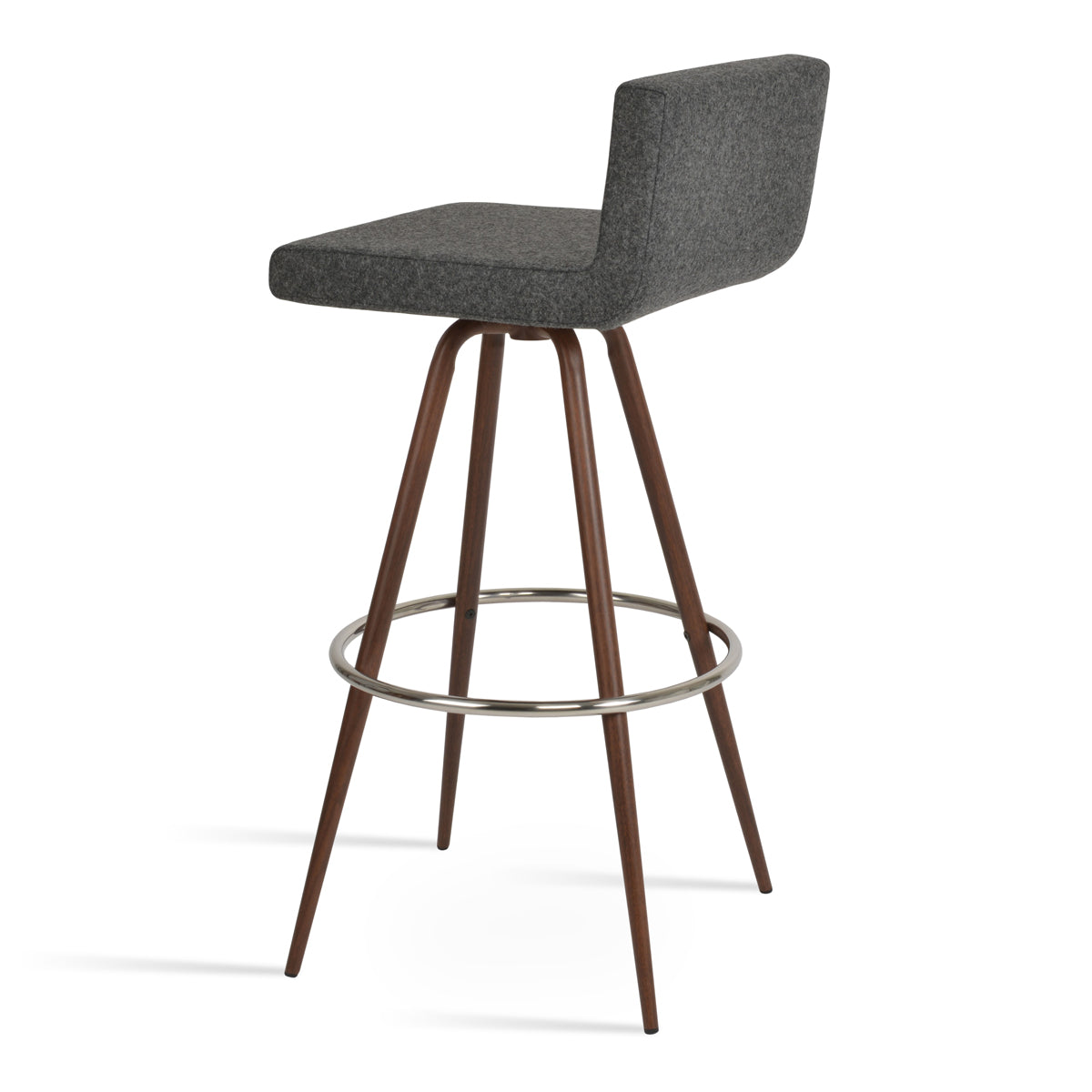 Dallas Max Swivel Counter Stool by SohoConcept, showing back view of dallas max swivel counter stool in walnut veneer steel/camira blazer dark grey wool.
