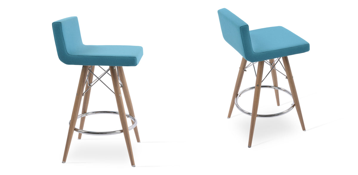 Dallas MW Bar Stool by SohoConcept, showing different angle views of dallas mw bar stools in natural veneer steel/camira blazer turquoise wool.