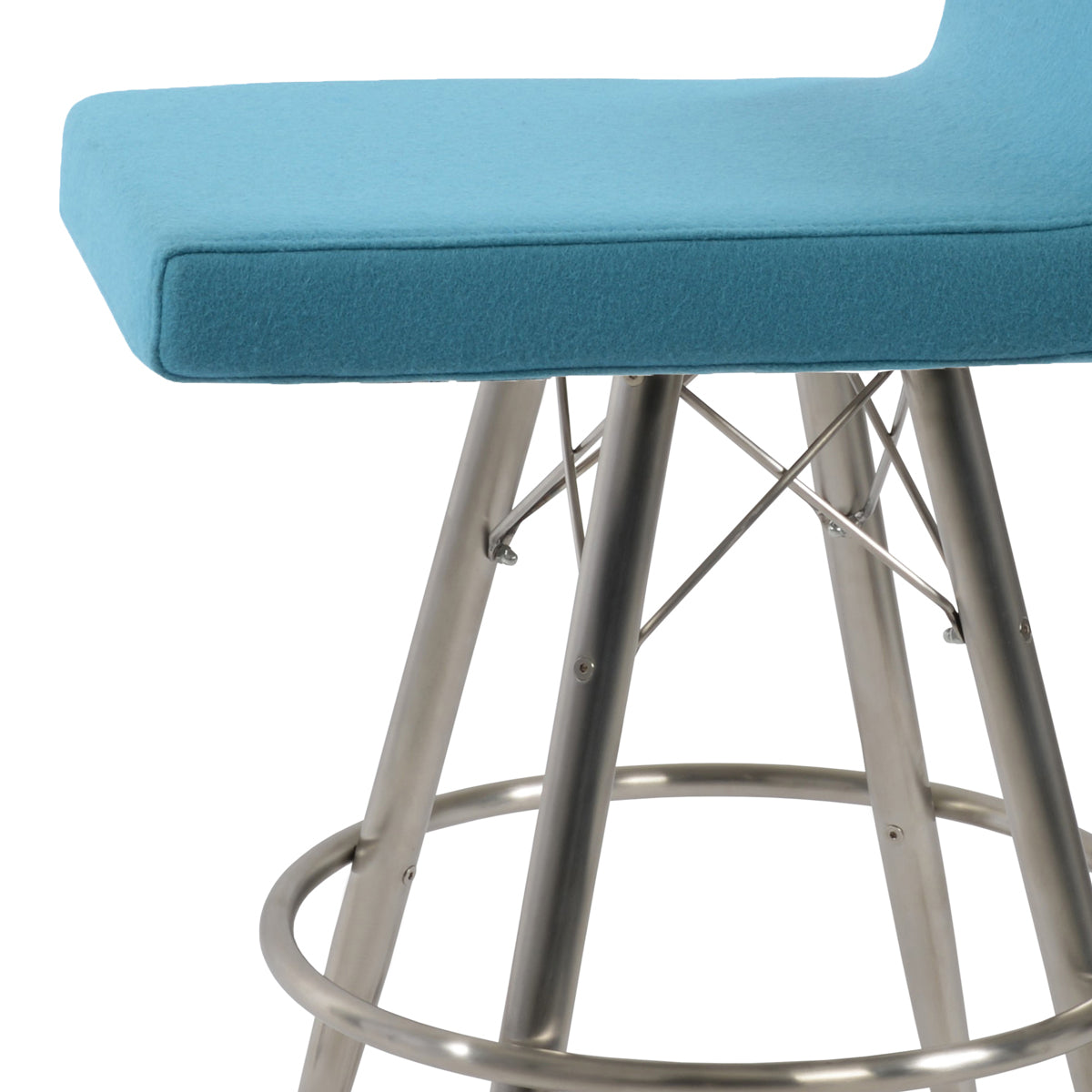 Dallas MW Bar Stool by SohoConcept, showing closeup view of dallas mw bar stool in stainless steel/camira blazer turquoise wool.