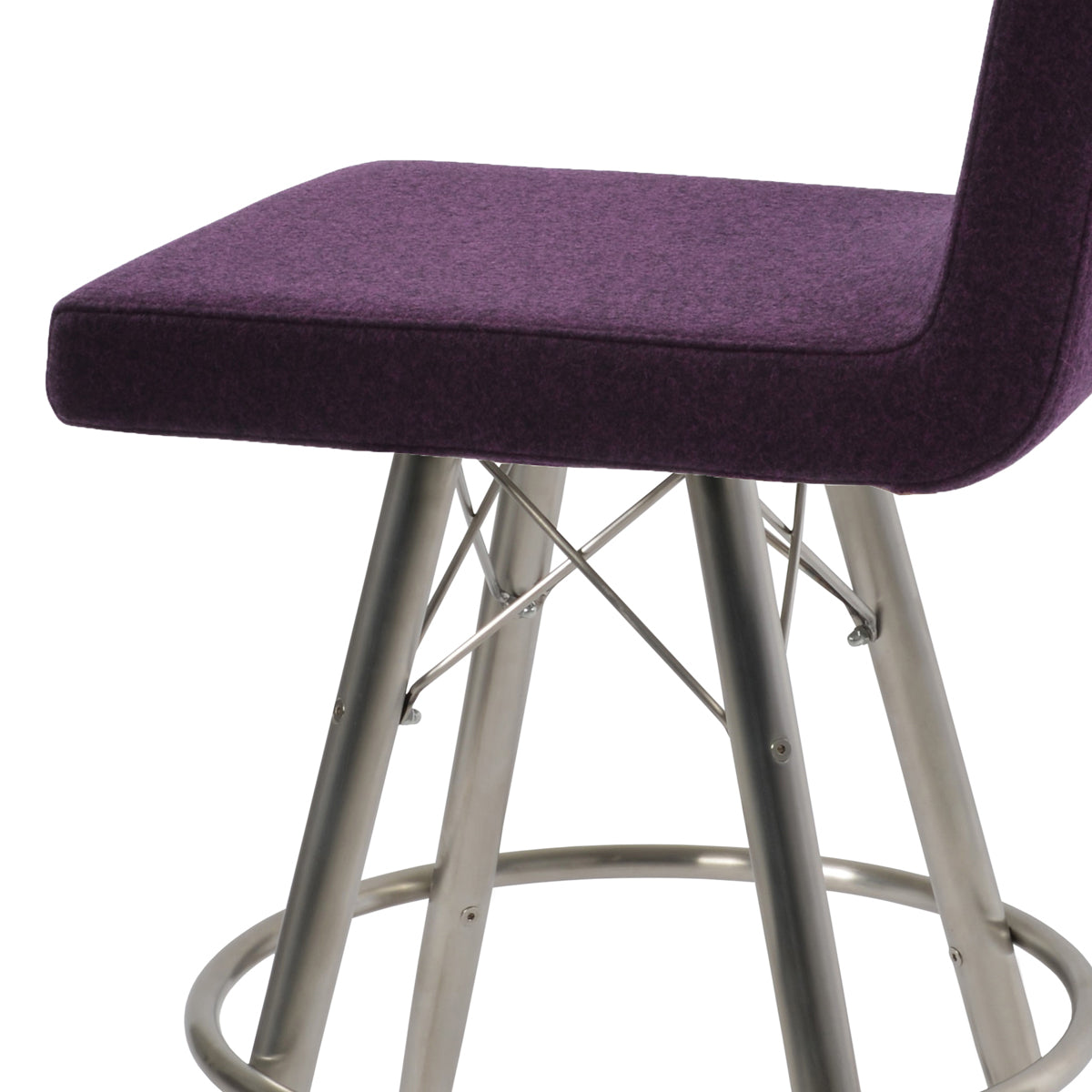 Dallas MW Counter Stool by SohoConcept, showing closeup view of dallas mw counter stool in stainless steel/camira blazer deep maroon wool.