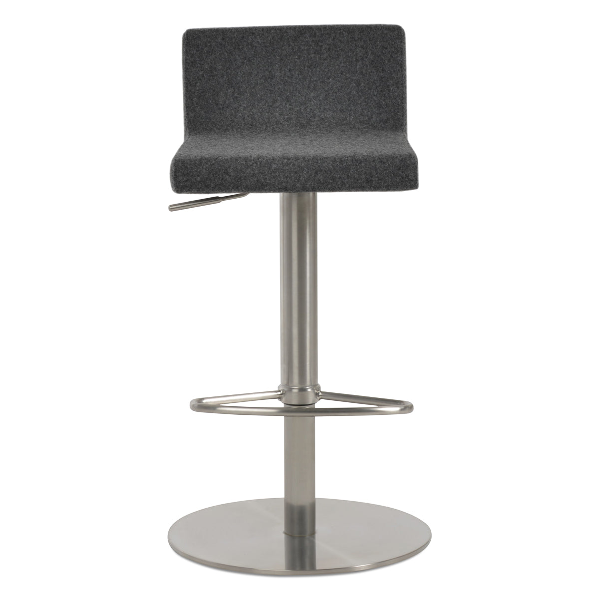 Dallas Piston Half Footrest Round Stool by SohoConcept, showing front view of dallas piston half footrest round stool in brushed stainless steel/camira blazer dark grey wool.