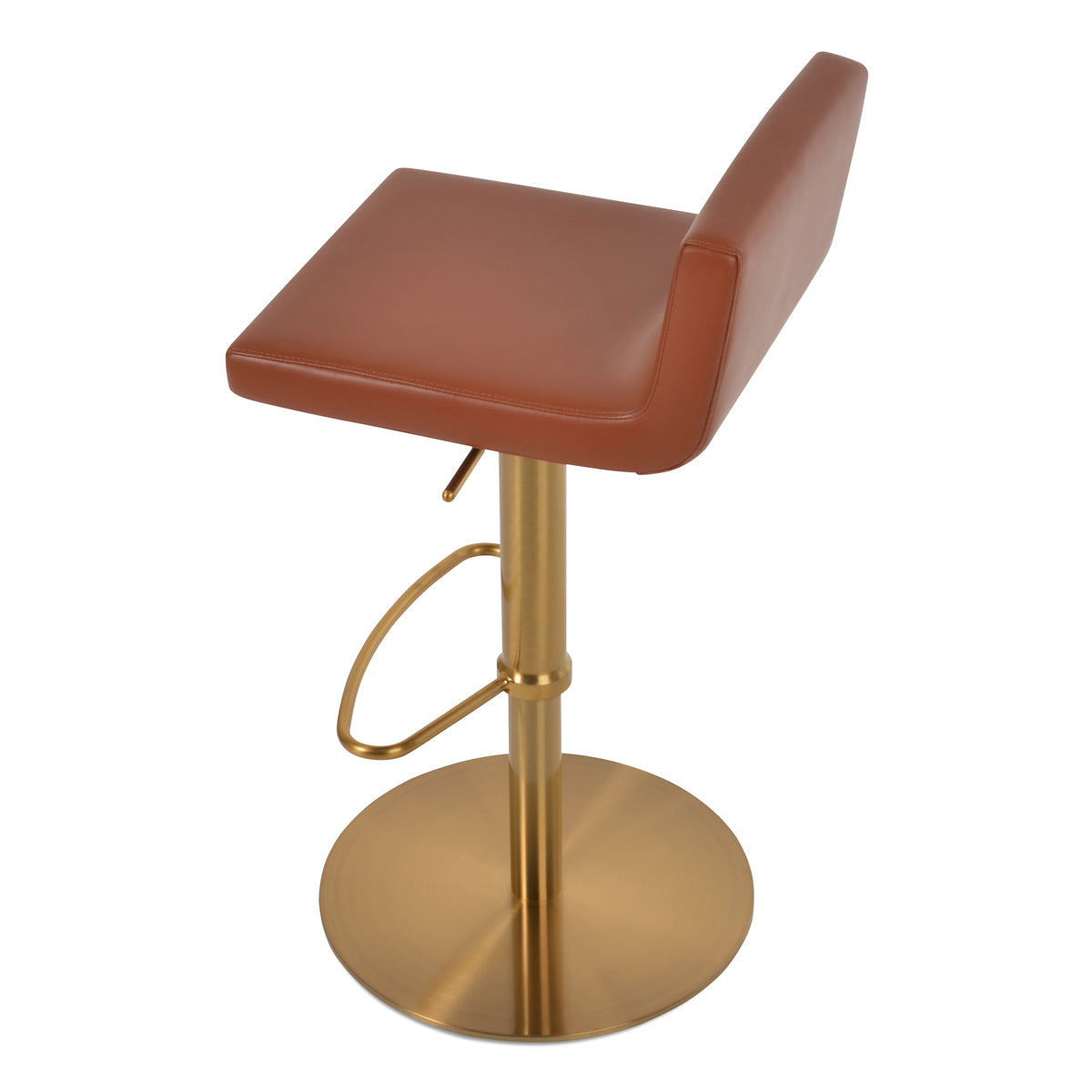 Dallas Piston Half Footrest Round Stool by SohoConcept, showing back view of dallas piston half footrest round stool in brushed gold brass steel/cinnamon ppm-fr.