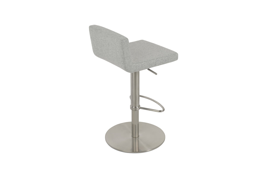 Dallas Piston Half Footrest Round Stool by SohoConcept, showing back view of dallas piston half footrest round stool in brushed stainless steel/camira blazer silver wool.