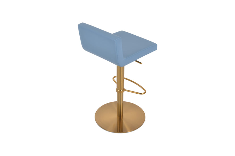 Dallas Piston Half Footrest Round Stool by SohoConcept, showing back view of dallas piston half footrest round stool in brushed gold brass steel/blue leatherette.