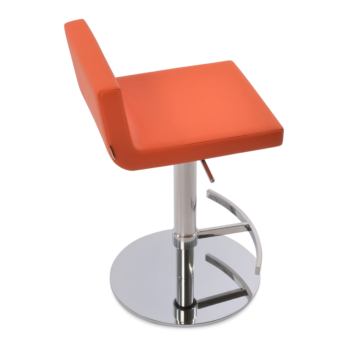 Dallas Piston Stool by SohoConcept, showing top view of dallas piston stool in t-footrest round/polished stainless steel/orange leatherette.