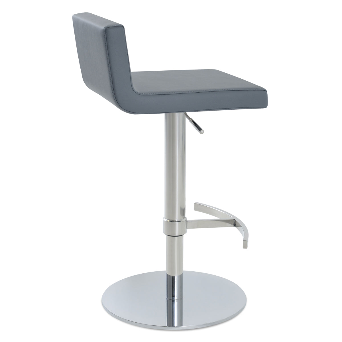 Dallas Piston Stool by SohoConcept, showing side view of dallas piston stool in t-footrest round/polished stainless steel/grey leatherette.