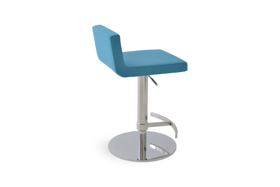 Dallas Piston Stool by SohoConcept, showing back view of dallas piston stool in t-footrest round/polished stainless steel/camira blazer turquoise wool.