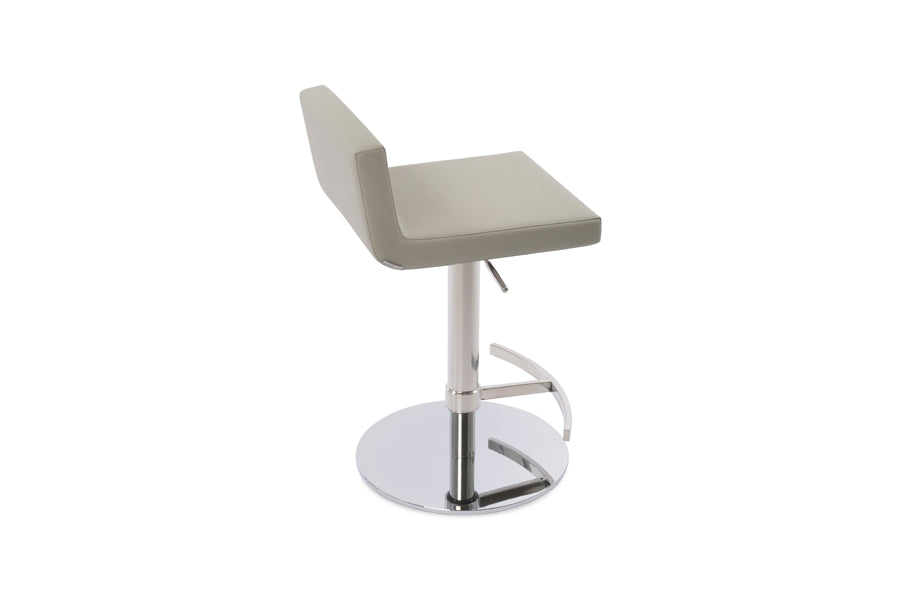 Dallas Piston Stool by SohoConcept, showing back view of dallas piston stool in t-footrest round/polished stainless steel/light grey leatherette.