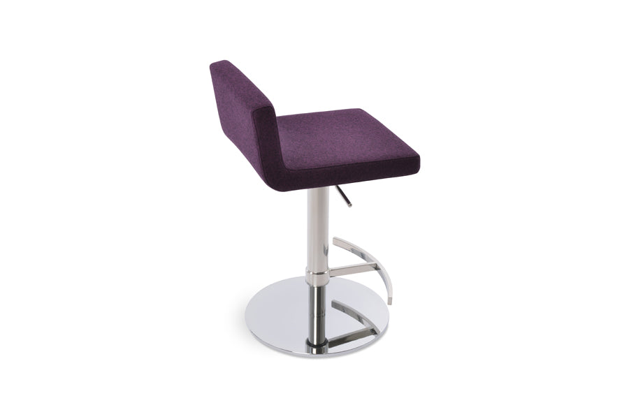 Dallas Piston Stool by SohoConcept, showing back view of dallas piston stool in t-footrest round/polished stainless steel/camira blazer deep maroon wool.