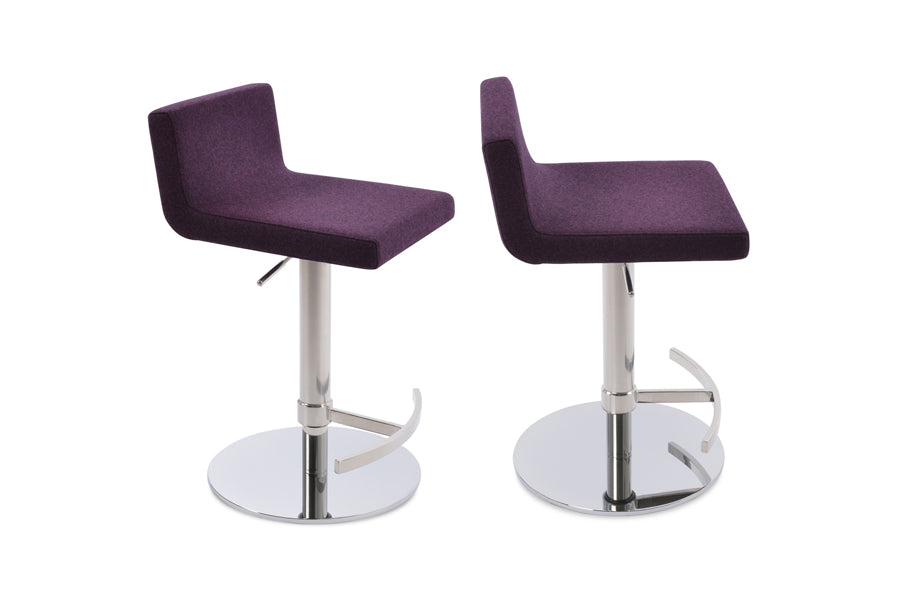 Dallas Piston Stool by SohoConcept, showing different angle views of dallas piston stools in t-footrest round/polished stainless steel/camira blazer deep maroon wool.