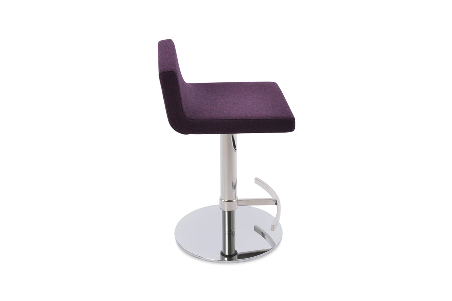Dallas Piston Stool by SohoConcept, showing side view of dallas piston stool in t-footrest round/polished stainless steel/camira blazer deep maroon wool.