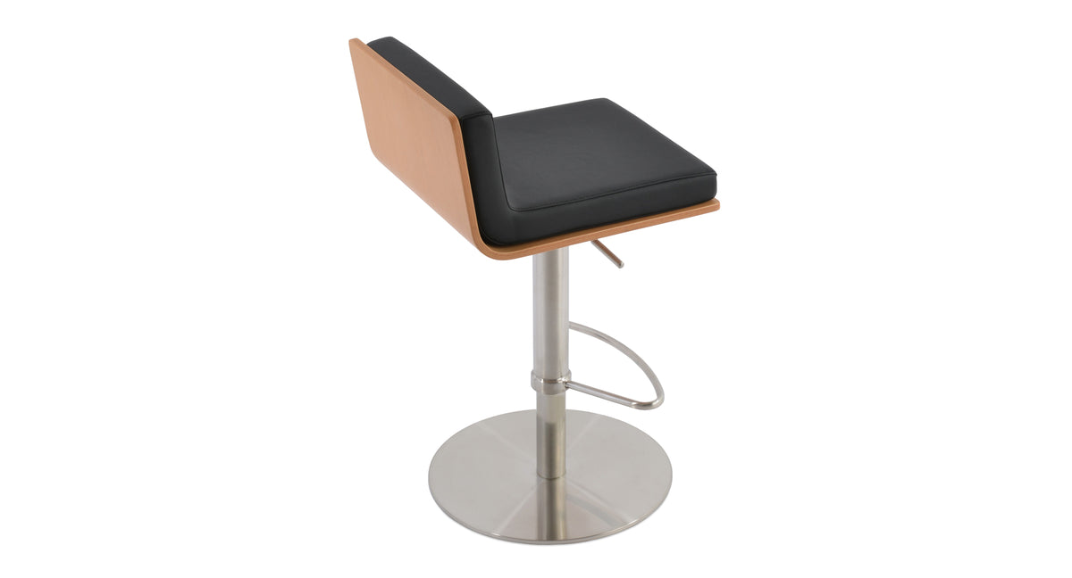 Dallas PL Piston Stool by SohoConcept, showing back view of dallas pl piston stool in round/brushed stainless steel/camira blazer dark grey wool.