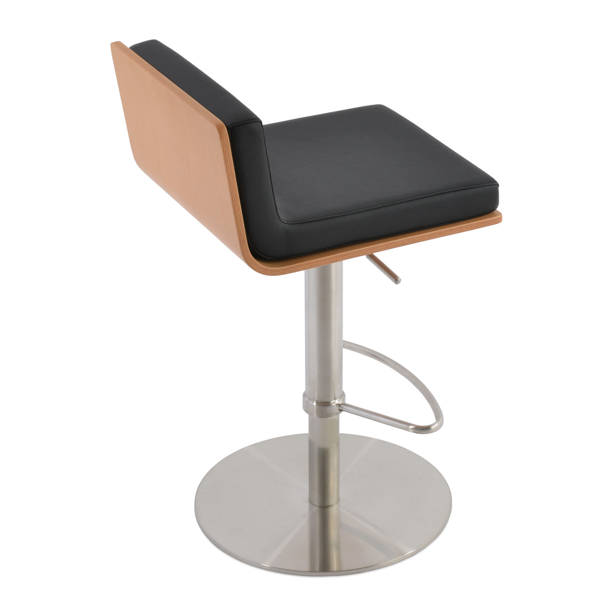 Dallas PL Piston Stool by SohoConcept, showing back view of dallas pl piston stool in round/brushed stainless steel/black leatherette.