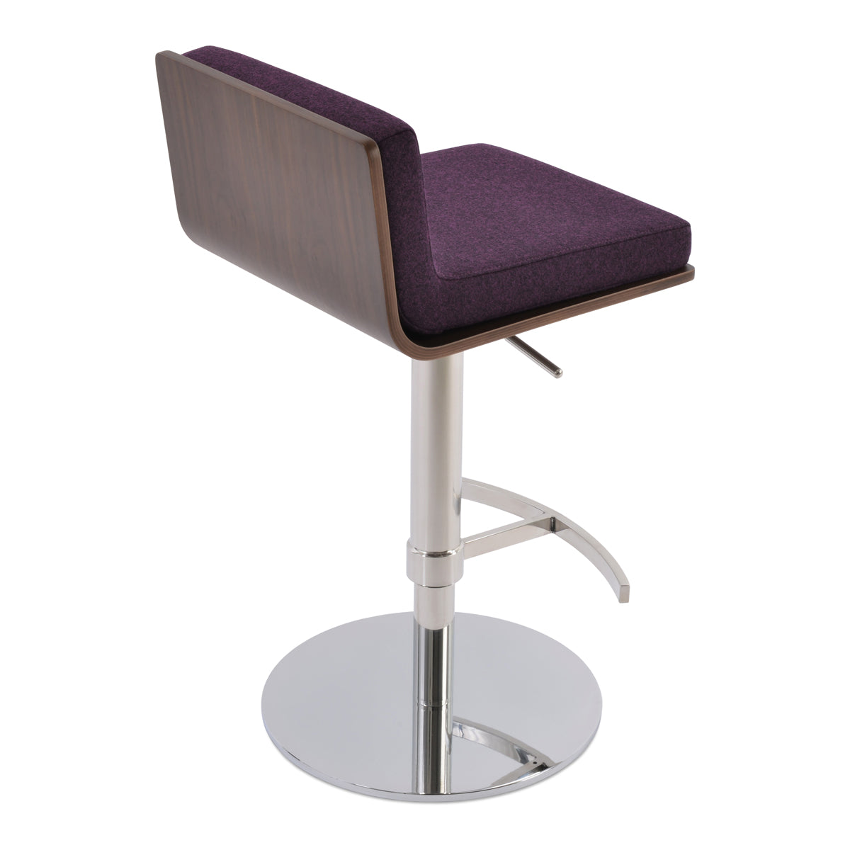 Dallas PL Piston Stool by SohoConcept, showing back view of dallas pl piston stool in round/polished stainless steel/camira blazer deep maroon wool.