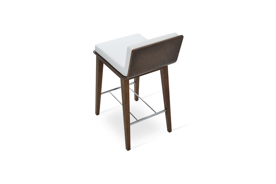 Dallas PL Wood Bar Stool by SohoConcept, showing back view of dallas pl wood bar stool in beech walnut wood/white leatherette.