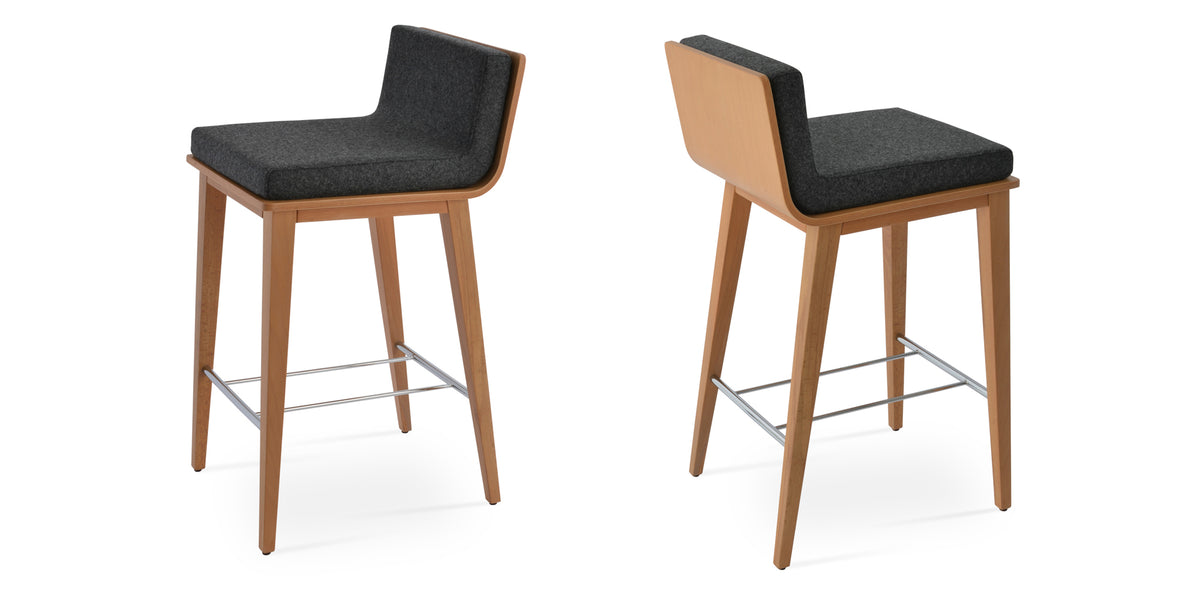 Dallas PL Wood Bar Stool by SohoConcept, showing different angle views of dallas pl wood bar stools in beech natural wood/camira blazer dark grey wool.