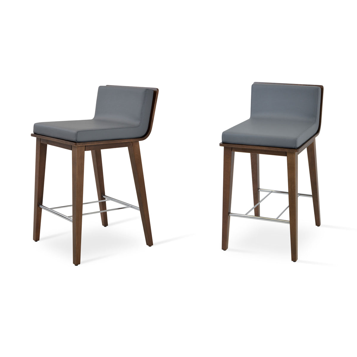 Dallas PL Wood Bar Stool by SohoConcept, showing different angle views of dallas pl wood bar stools in beech walnut wood/grey leatherette.