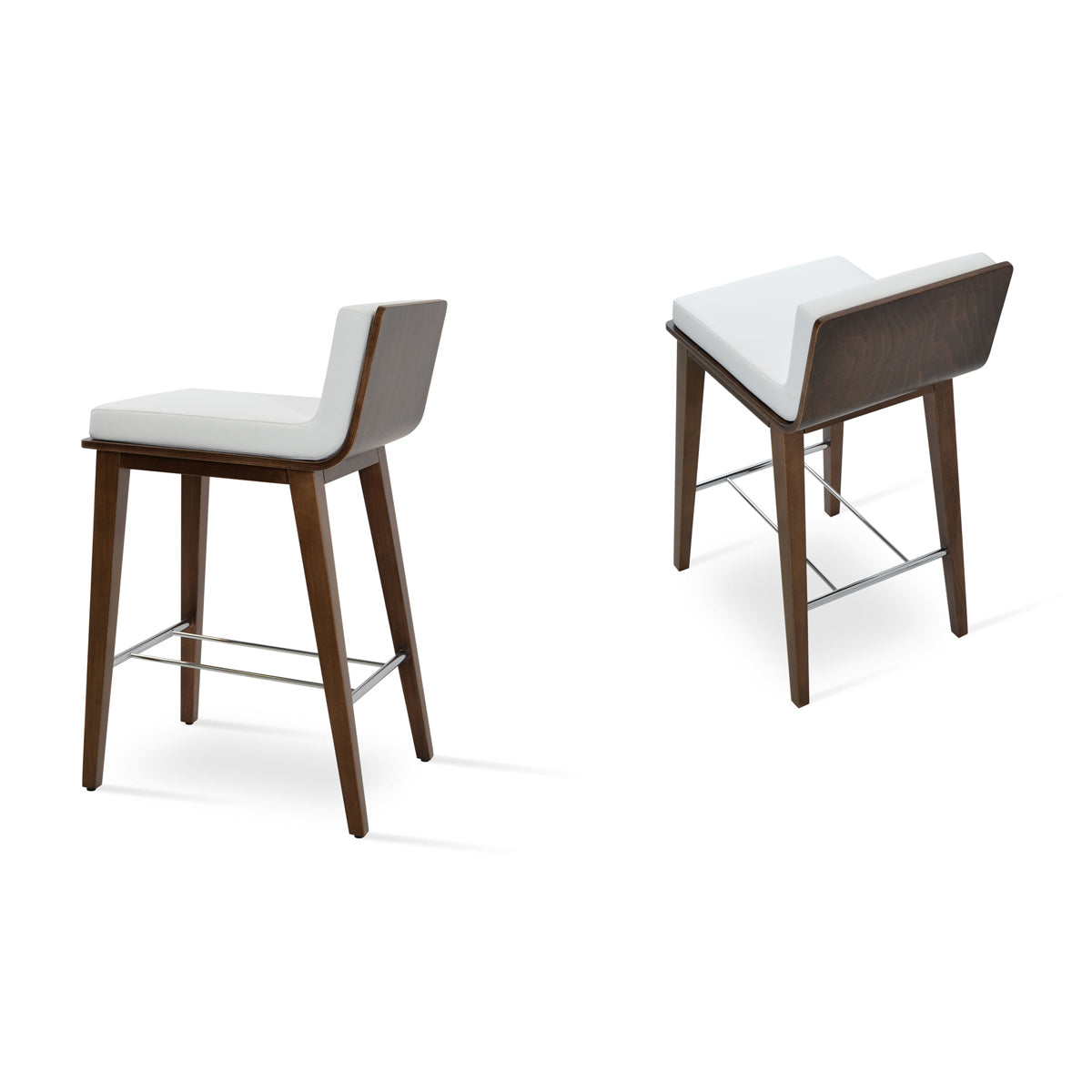 Dallas PL Wood Bar Stool by SohoConcept, showing different angle views of dallas pl wood bar stools in beech walnut wood/white leatherette.