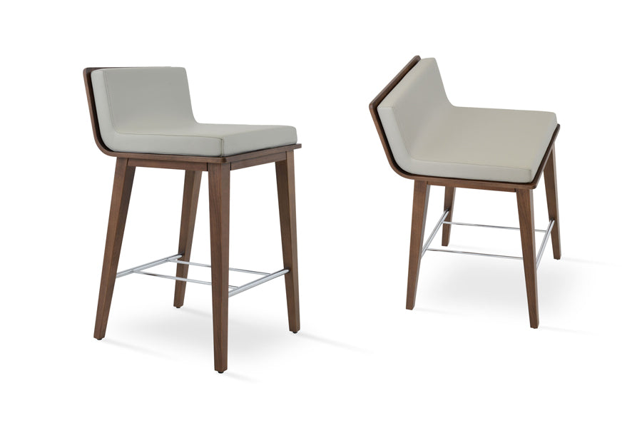 Dallas PL Wood Bar Stool by SohoConcept, showing different angle views of dallas pl wood bar stools in beech walnut wood/light grey leatherette.