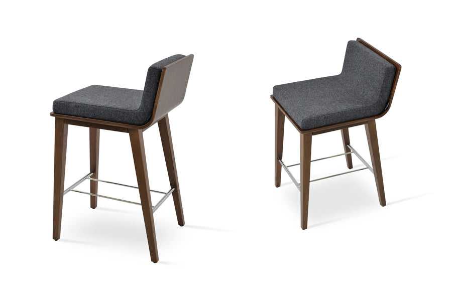 Dallas PL Wood Bar Stool by SohoConcept, showing different angle views of dallas pl wood bar stools in beech walnut wood/camira blazer dark grey wool.