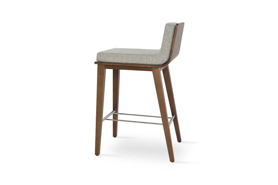 Dallas PL Wood Bar Stool by SohoConcept, showing side view of dallas pl wood bar stool in beech walnut wood/camira blazer silver wool.