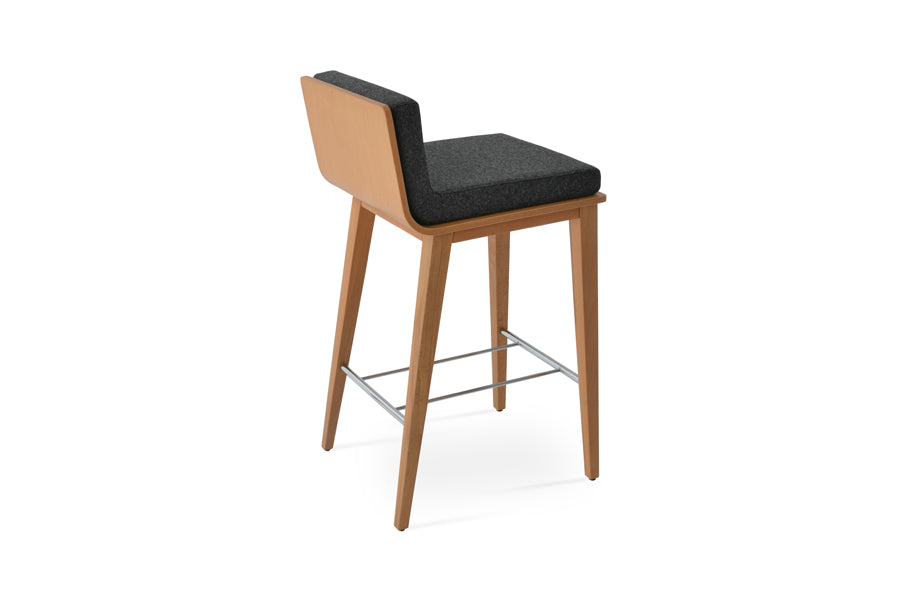 Dallas PL Wood Bar Stool by SohoConcept, showing back view of dallas pl wood bar stool in beech natural wood/camira blazer dark grey wool.