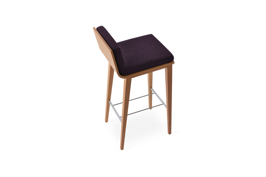 Dallas PL Wood Bar Stool by SohoConcept, showing back view of dallas pl wood bar stool in beech natural wood/camira blazer deep maroon wool.
