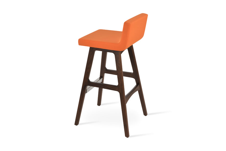 Dallas PR Wood Bar Stool by SohoConcept, showing back view of dallas pr wood bar stool in beech walnut wood, camira era orange fabric.