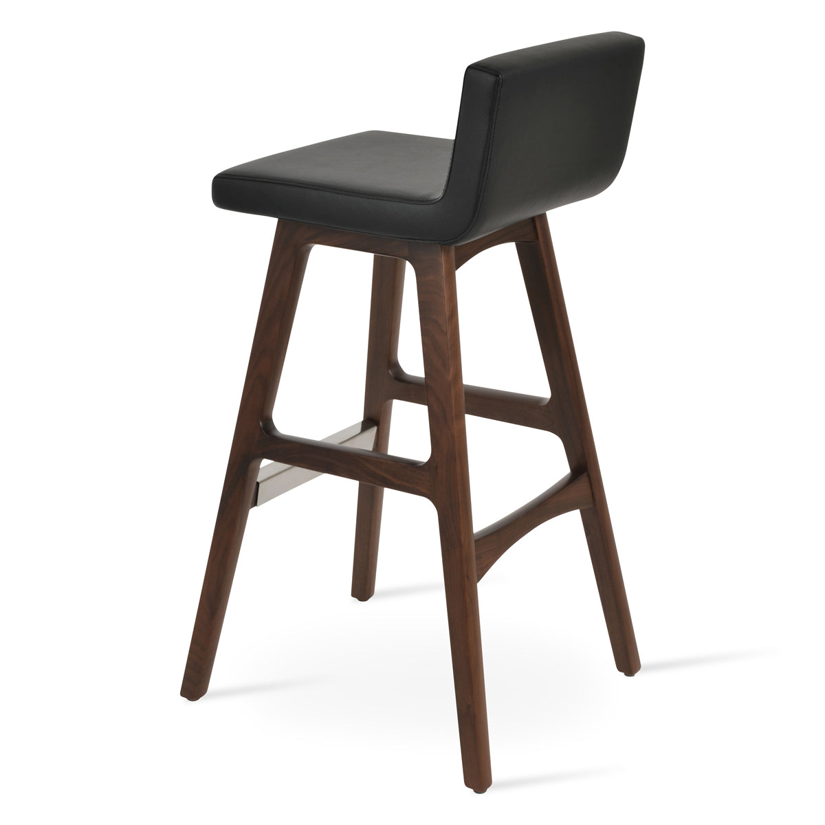 Dallas PR Wood Bar Stool by SohoConcept, showing back view of dallas pr wood bar stool in beech walnut wood, black leatherette.