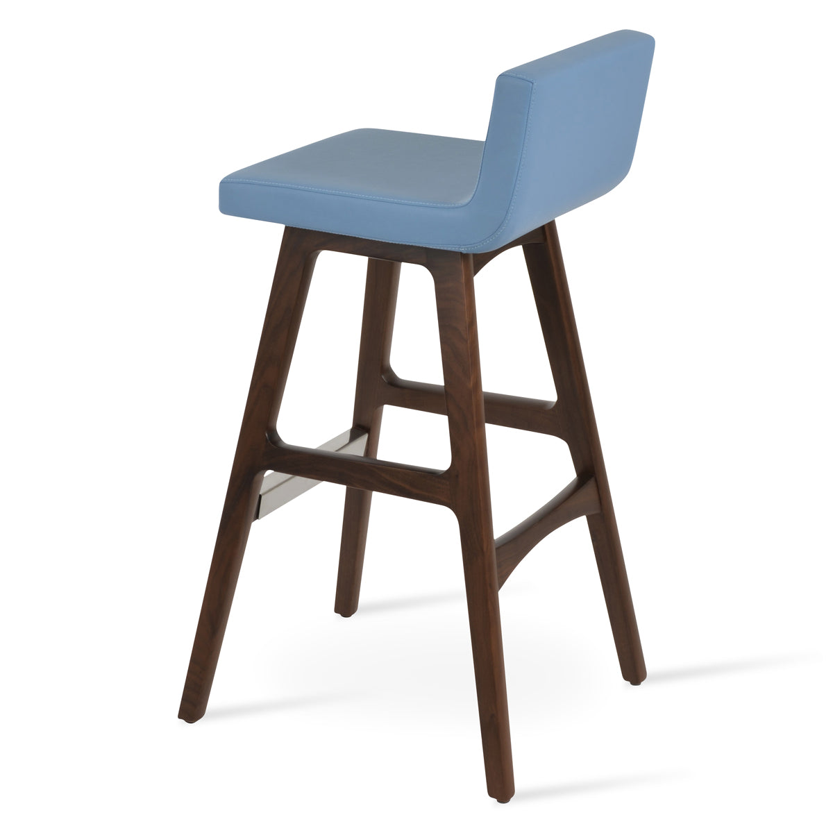 Dallas PR Wood Bar Stool by SohoConcept, showing back view of dallas pr wood bar stool in beech walnut wood, blue leatherette.