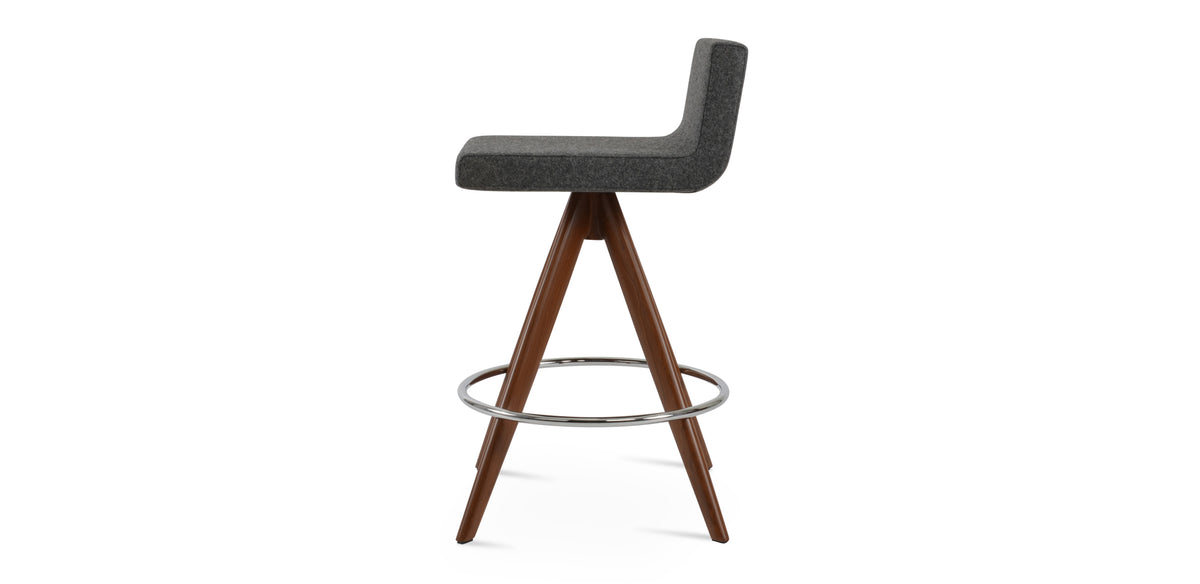 Dallas Pyramid MW Swivel Bar Stool by SohoConcept, showing side view of dallas pyramid mw swivel bar stool in walnut veneer steel/camira blazer dark grey wool.