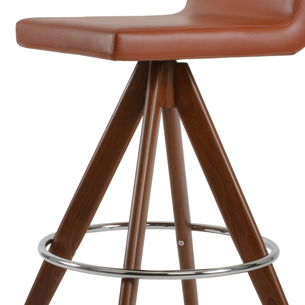 Dallas Pyramid MW Swivel Bar Stool by SohoConcept, showing closeup view of dallas pyramid mw swivel bar stool in walnut veneer steel/cinnamon ppm-fr.