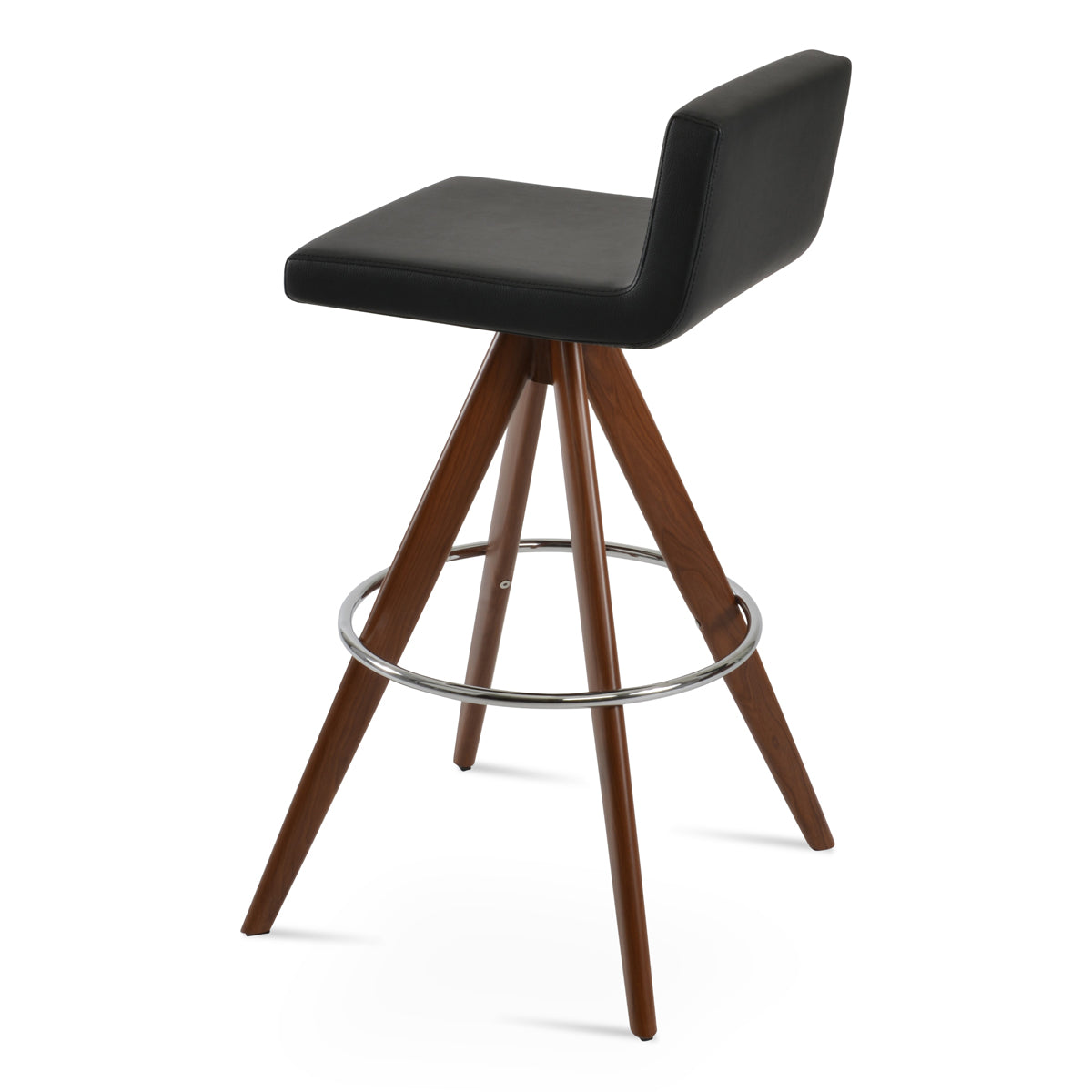 Dallas Pyramid MW Swivel Counter Stool by SohoConcept, showing side view of dallas pyramid mw swivel counter stool in walnut veneer steel/black leatherette.
