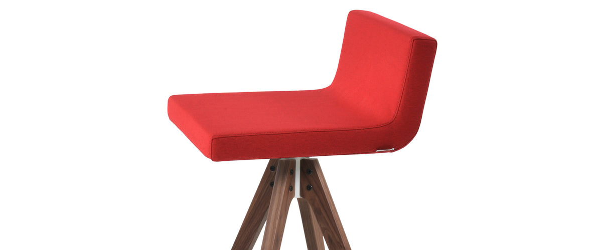 Dallas Pyramid Swivel Counter Stool by SohoConcept, showing closeup view of dallas pyramid swivel counter stool in beech walnut wood/camira era orange fabric.