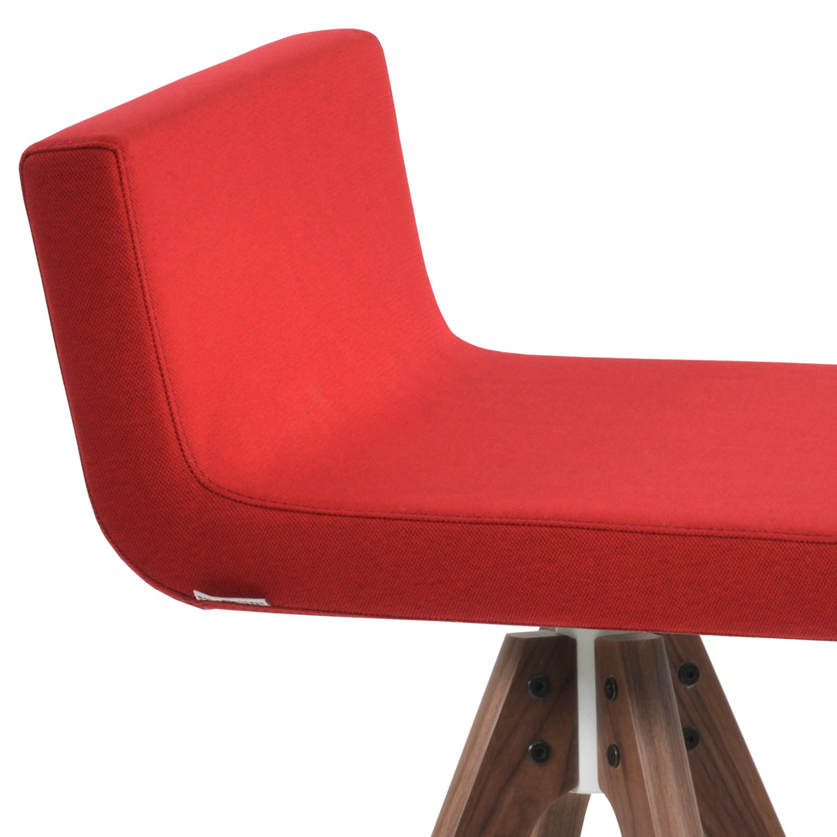 Dallas Pyramid Swivel Counter Stool by SohoConcept, showing closeup view of dallas pyramid swivel counter stool in beech walnut wood/camira era orange fabric.