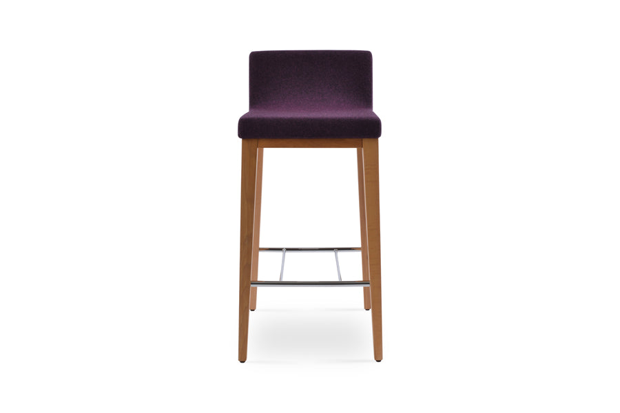 Dallas Wood Bar Stool by SohoConcept, showing front view of dallas wood bar stool in beech natural wood/camira blazer deep maroon wool.