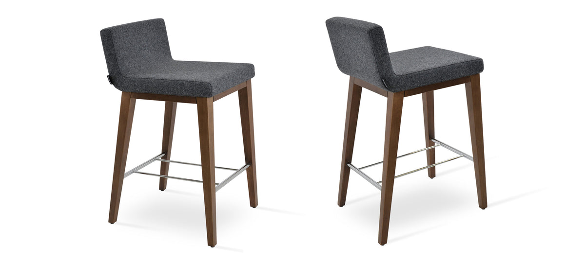 Dallas Wood Bar Stool by SohoConcept, showing different angle views of dallas wood bar stools in beech walnut wood/camira blazer dark grey wool.