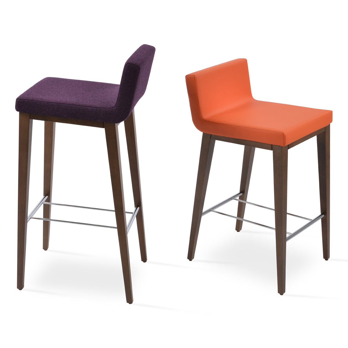 Dallas Wood Bar Stool by SohoConcept, showing different angle views of dallas wood bar stools in beech walnut wood/camira blazer deep maroon wool & orange leatherette.