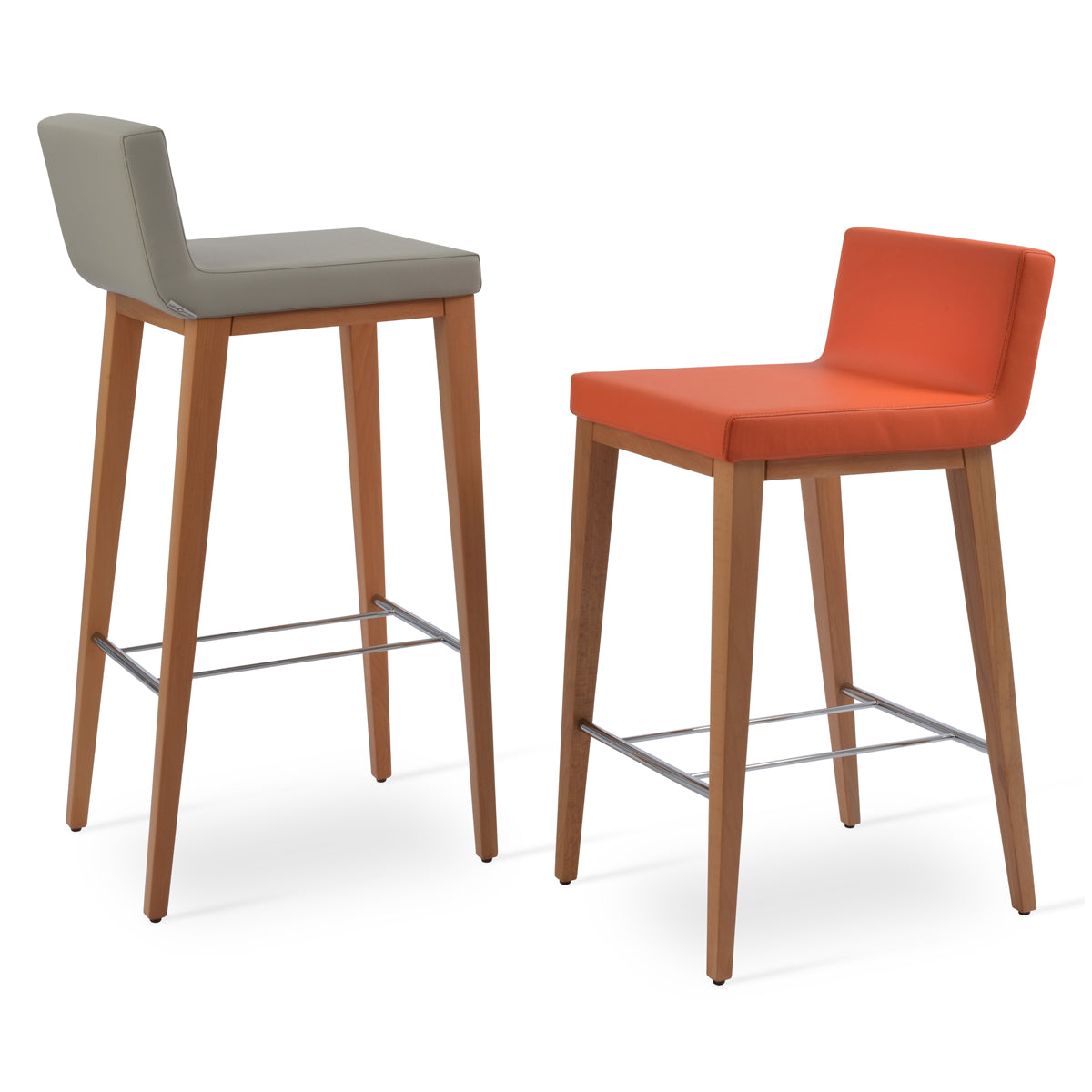 Dallas Wood Bar Stool by SohoConcept, showing different angle views of dallas wood bar stools in beech natural wood/light grey & orange leatherette.