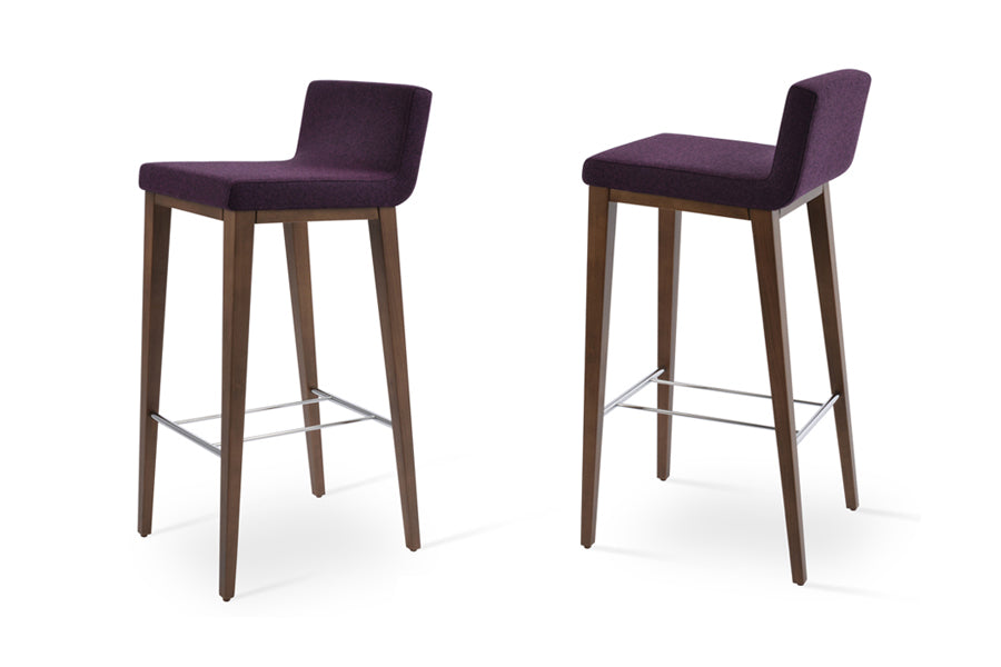Dallas Wood Bar Stool by SohoConcept, showing different angle views of dallas wood bar stools in beech walnut wood/camira blazer deep maroon wool.
