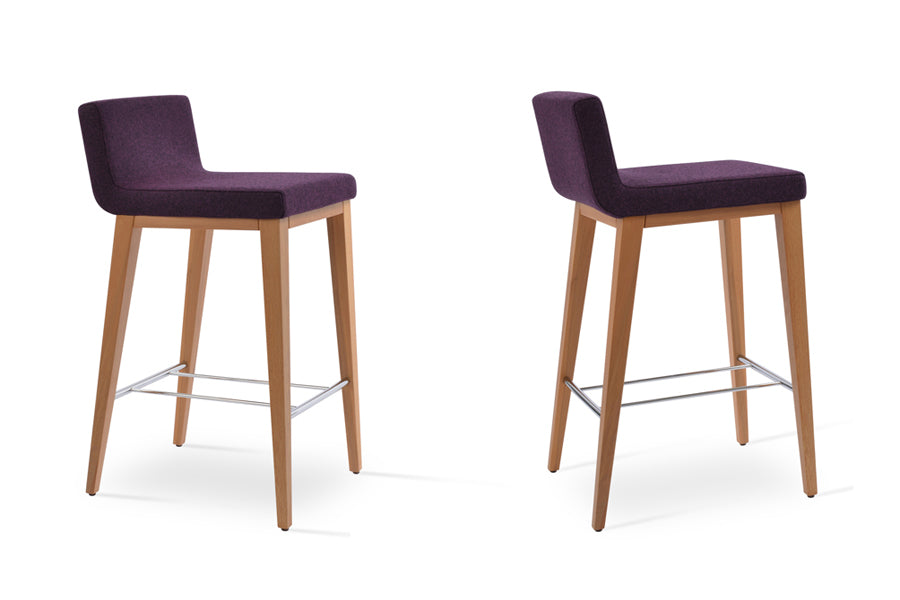 Dallas Wood Bar Stool by SohoConcept, showing different angle views of dallas wood bar stools in beech natural wood/camira blazer deep maroon wool.