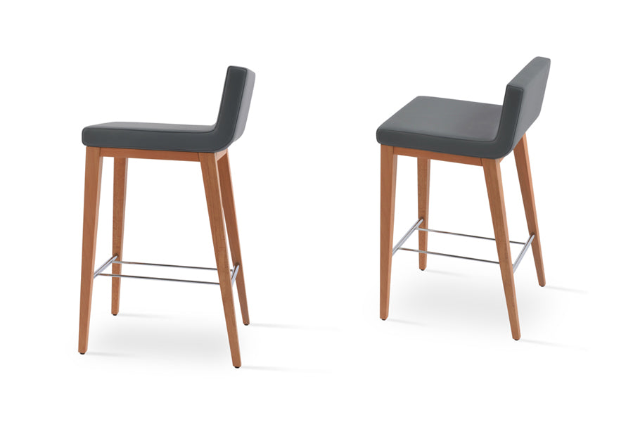 Dallas Wood Bar Stool by SohoConcept, showing different angle views of dallas wood bar stools in beech natural wood/grey leatherette.