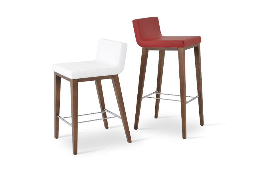 Dallas Wood Bar Stool by SohoConcept, showing angle view of dallas wood bar stool in beech walnut wood/white leatherette.