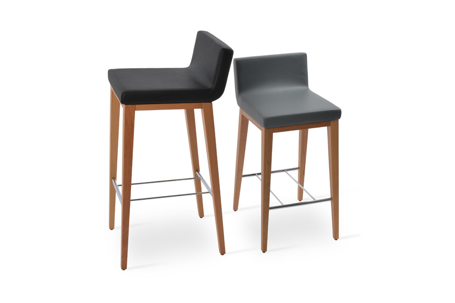 Dallas Wood Bar Stool by SohoConcept, showing different angle views of dallas wood bar stools in beech natural wood/black & grey leatherette.