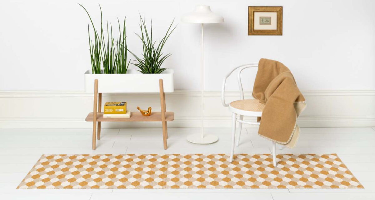 Dana Ochre & Beige & Vanilla Runner Rug by Pappelina, showing dana ochre & beige & vanilla runner rug in live shot