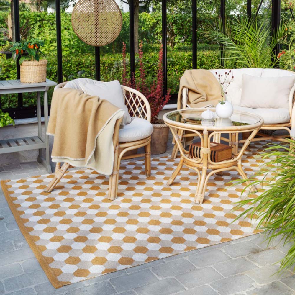 Dana Ochre & Beige & Vanilla Runner Rug by Pappelina, showing dana ochre & beige & vanilla runner rug in live shot