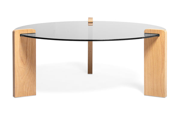 Davis Coffee Table by Tronk Design - White Oak Wood/Smoked Tempered Glass.
