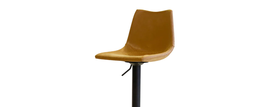 Derby Hydraulic Bar Stool by Mobital, showing closeup view of derby hydraulic bar stool in retro tan leatherette/black powder coated.